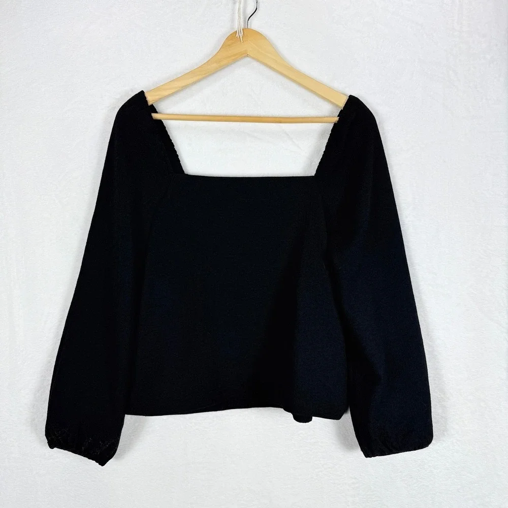 Madewell Womens Black Square Neck Puff Sleeve Crepe Top Size Med Minimalist Goth